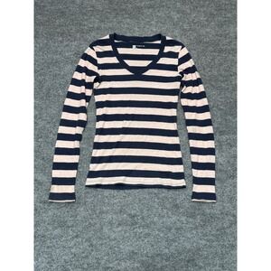 Gap Favorite Tee Womens XS Navy Blue Pink Striped Long Sleeve V-Neck Shirt